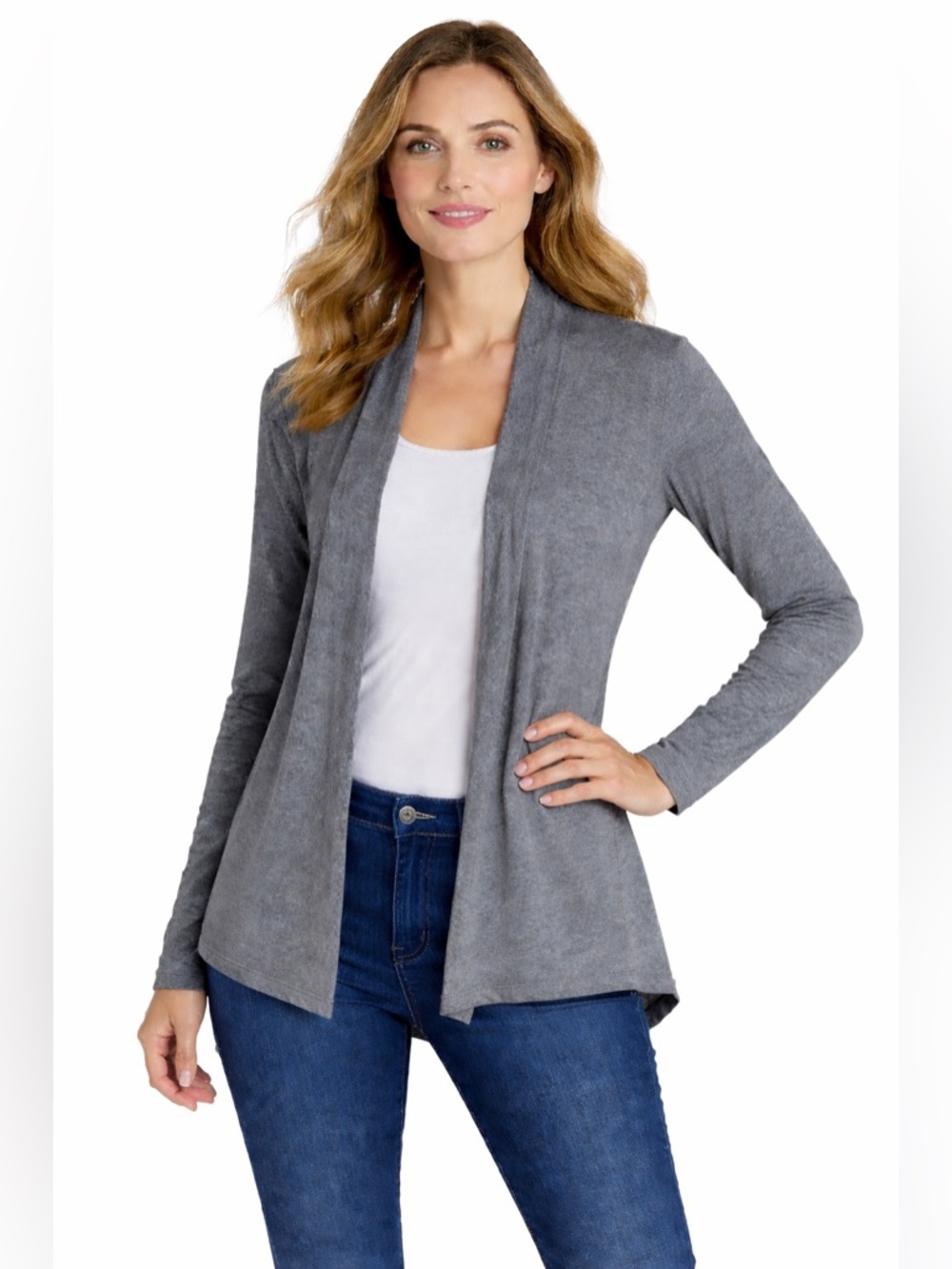 Eddie Bauer Women's‎ L Grey Travex Lightweight Hi-Low Sweater Cover Up Cardigan